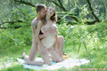 Kneeling naked on blanket outdoors boyfriend fondling her huge tits