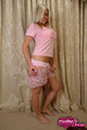 Emily pulling shorts down big breasts straining under her tshirt bare feet