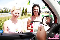 Busty Ellis and friend picked up at carwash and have threesome